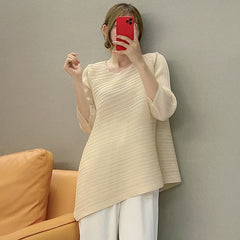 Pleats Please Irregular Pleated Top – Loose 3/4 Sleeve Crew Neck T-Shirt
