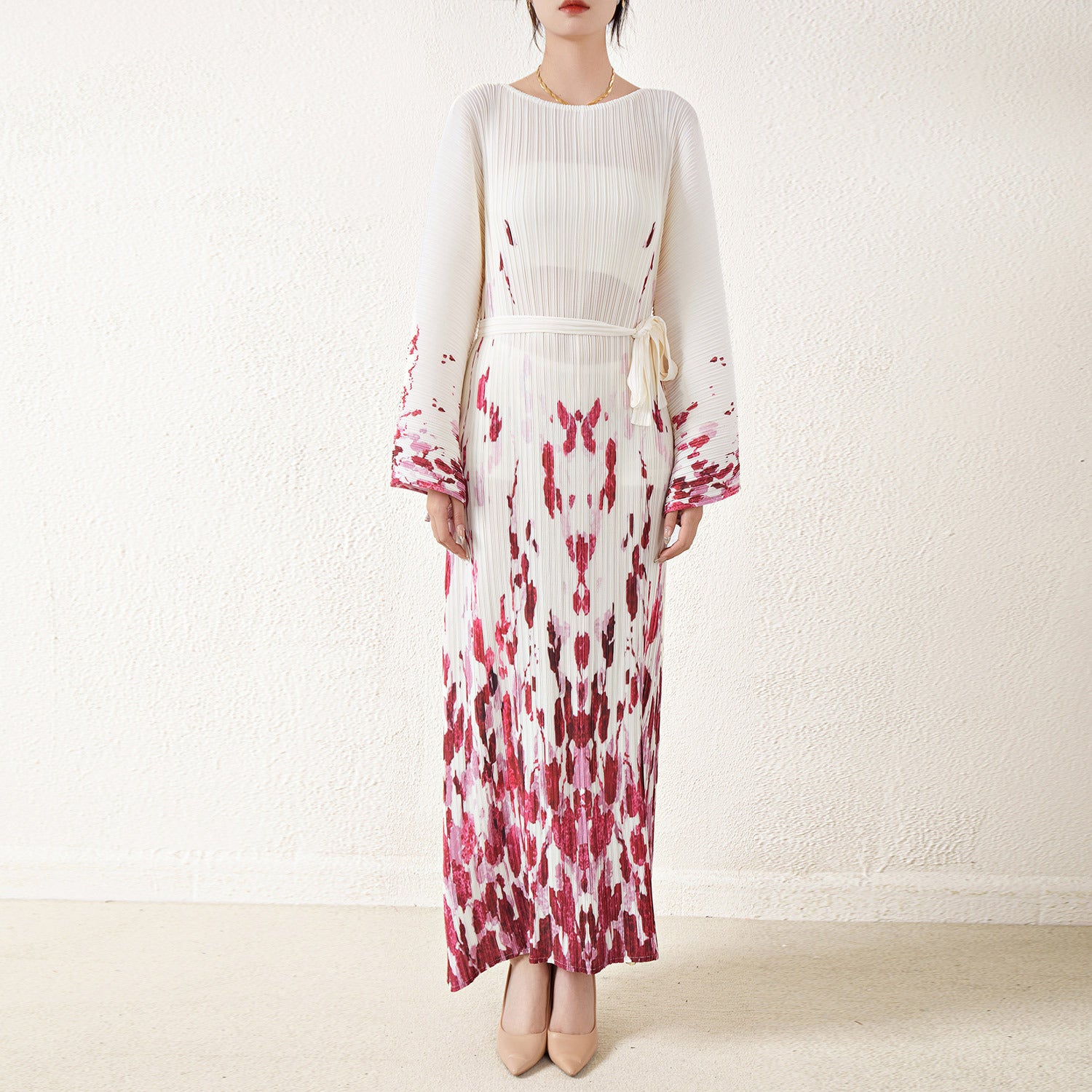 Pleated Printed Lace-Up Straight Dress – Elegant and Modern Women’s Style