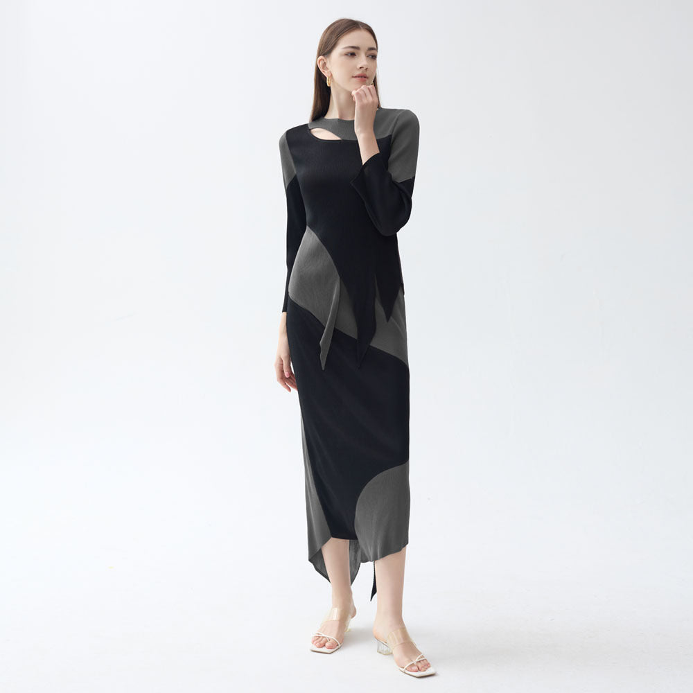 Personalized contrasting pleated suit women's spring new high-end long-sleeved slim top irregular skirt