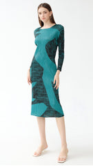 Pleated Gentle Print A-Line Dress – Slim Long Sleeve Elegant Style