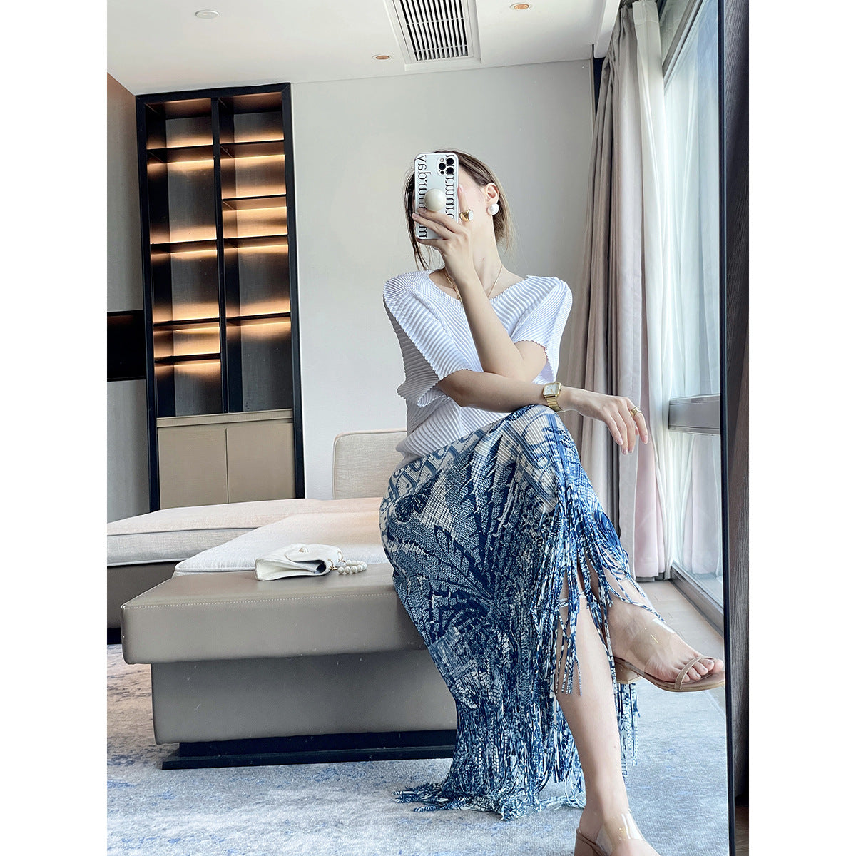Pleated 2025 summer new high-end printed slimming Miyake skirt fringed temperament elegant design skirt