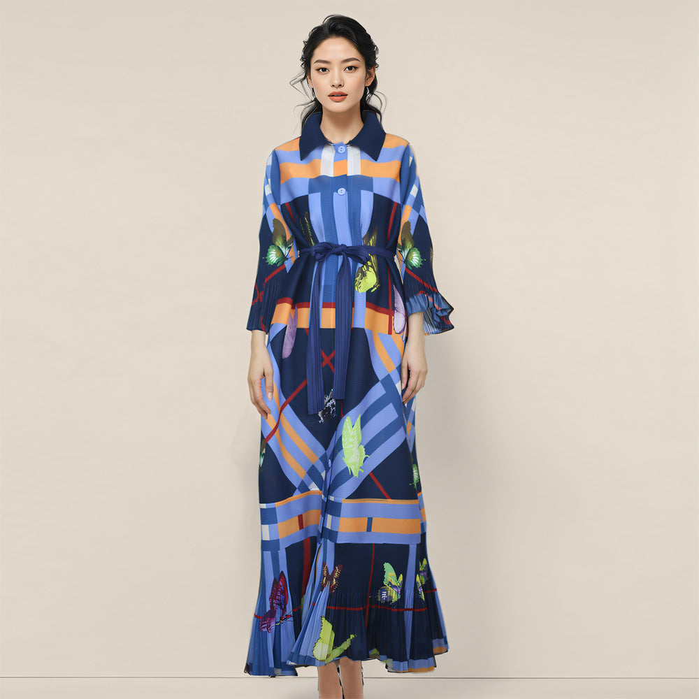 2025 Fall Winter Pleated Printed Shirt Dress – Lapel Collar, Ruffle Detail, Plus-Size Friendly