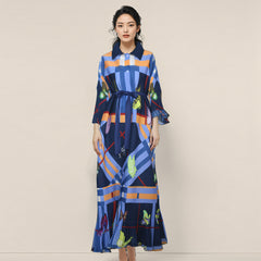 2025 Fall Winter Pleated Printed Shirt Dress – Lapel Collar, Ruffle Detail, Plus-Size Friendly