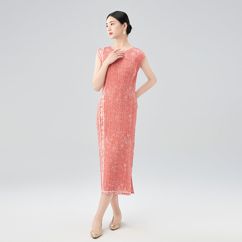 Hot-Selling Pleated Print Dress – Sleeveless A-Line, Plus-Size Friendly, Elegant Casual Style