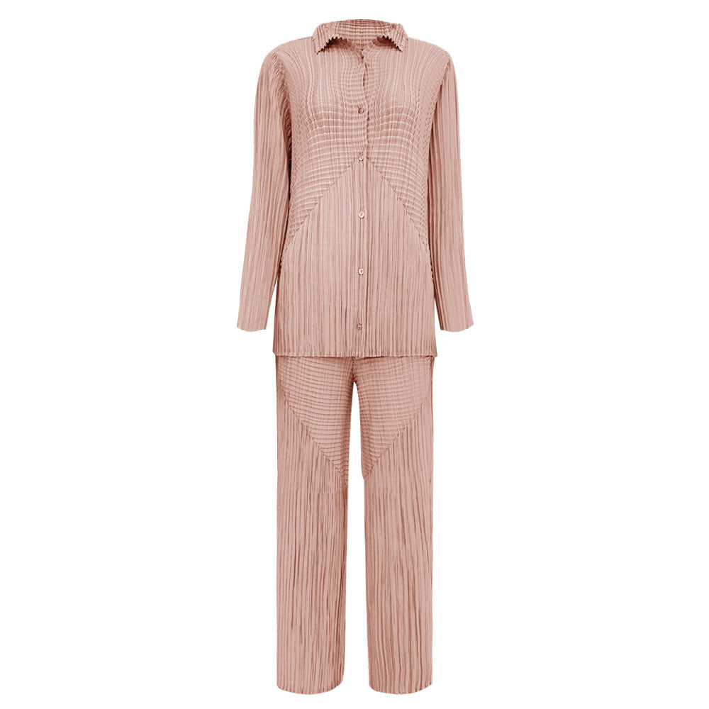 Pleated Solid Color Shirt and Straight Pants Set – Chic Two-Piece Outfit