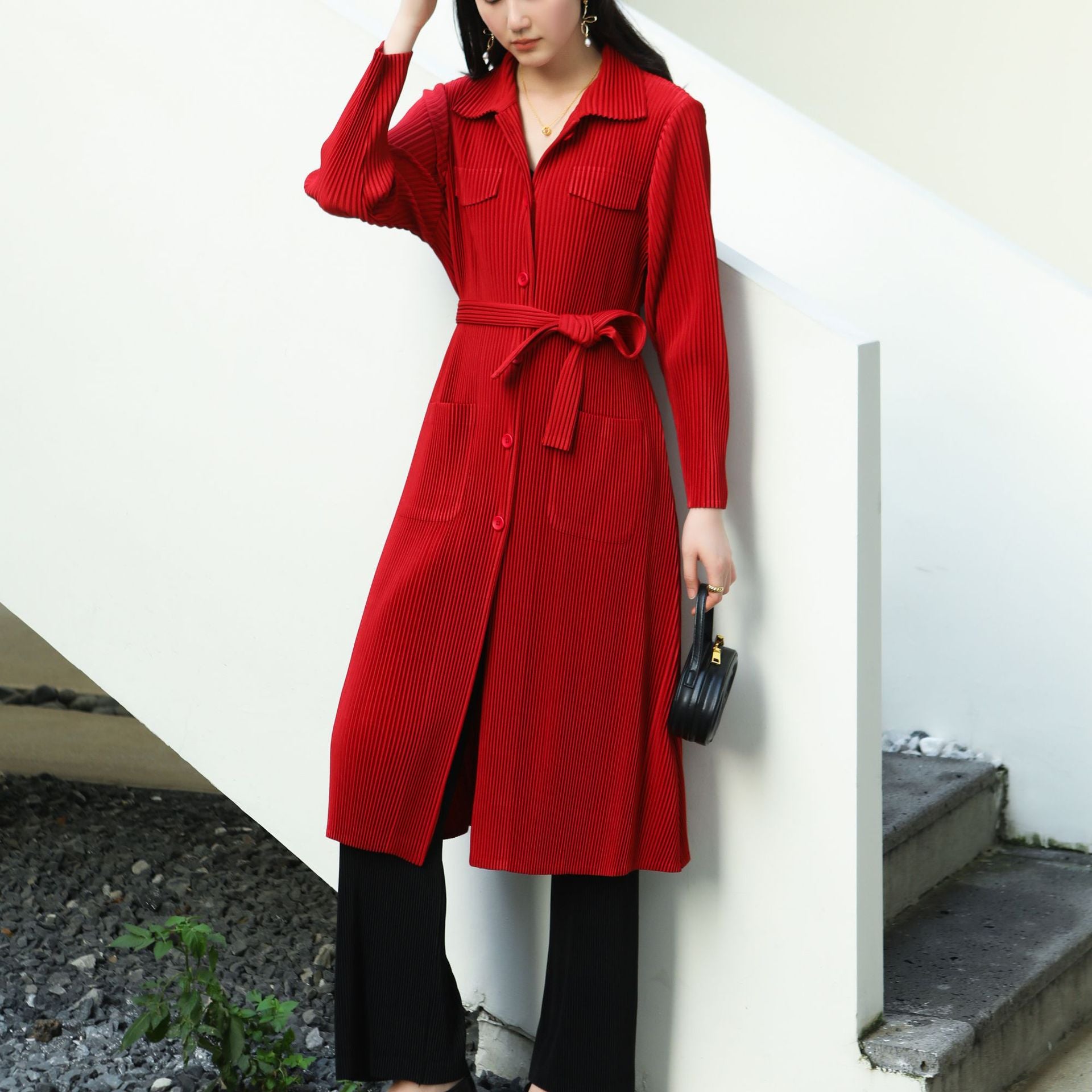 Pleated Casual Windbreaker Jacket – British Style Mid-Length Trench for Women