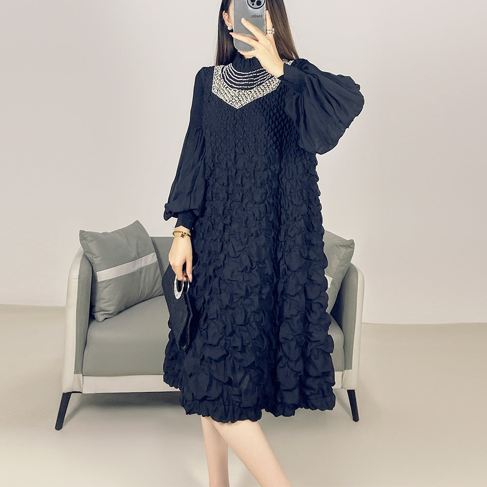 2025 Fall Winter Pleated Beaded Dress – Long Sleeve, Slimming Elegant Maxi Style for Women
