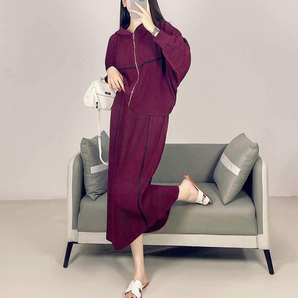 2025 Fall Winter Pleated Two-Piece Set – Sporty Hooded Zipper Jacket & Versatile Skirt