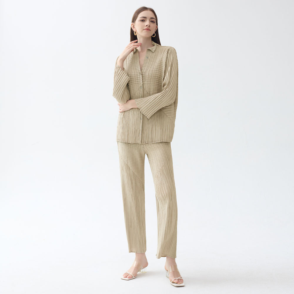 Pleated Solid Color Shirt and Straight Pants Set – Chic Two-Piece Outfit