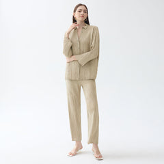 Pleated Solid Color Shirt and Straight Pants Set – Chic Two-Piece Outfit