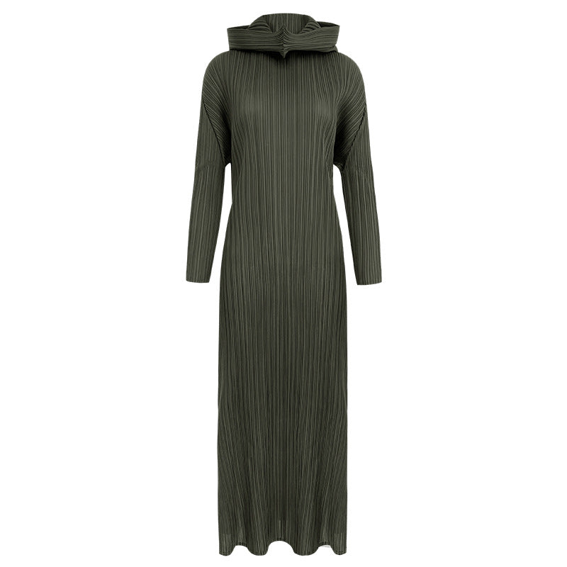 Pleated Hooded A-Line Dress – Solid Color Slim Long Sleeve Winter Style