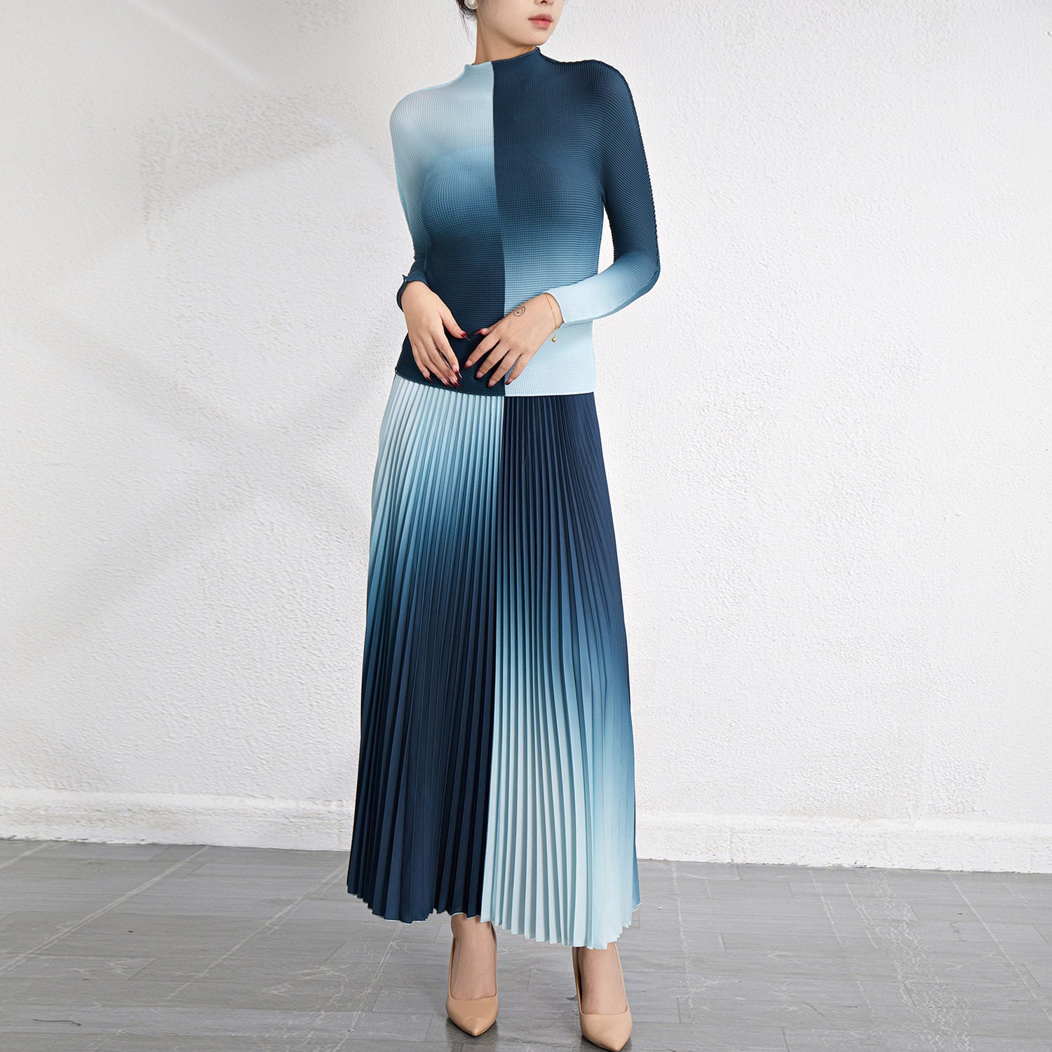 Pleated Top and Slim Skirt Two-Piece Set