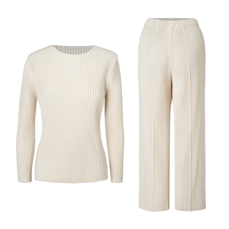 2025 Fall Pleated Long Sleeve T-Shirt & Straight-Leg Pants Set – Relaxed Solid Color, Everyday Comfort