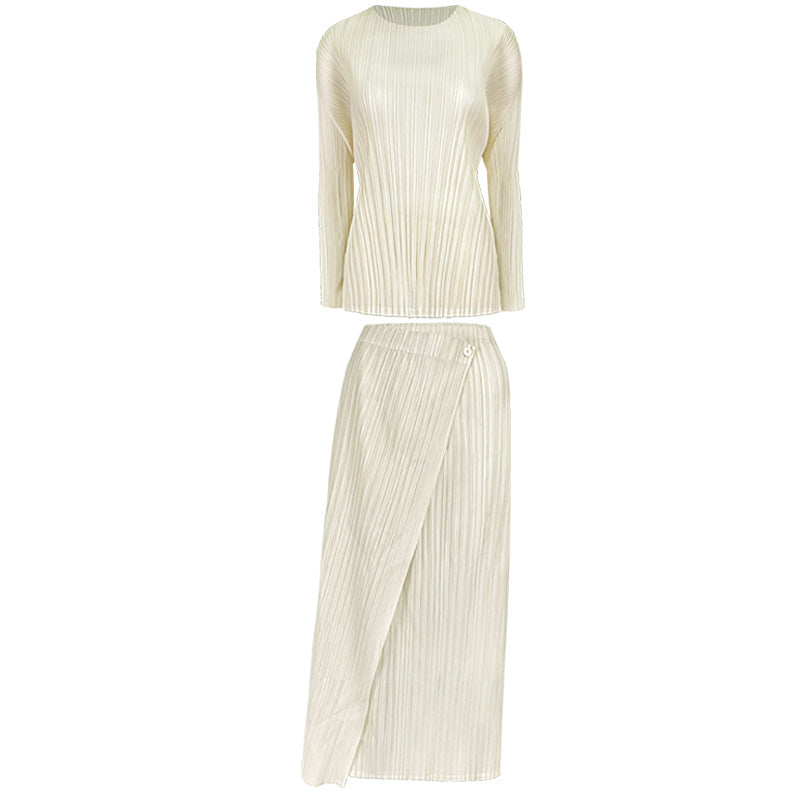 Pleated Skirt Suit – Korean Style Long Sleeve Top and Skirt Set