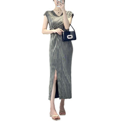 Irregular Pleated Summer Dress – Metallic Shine with Waist-Cinching Elegance