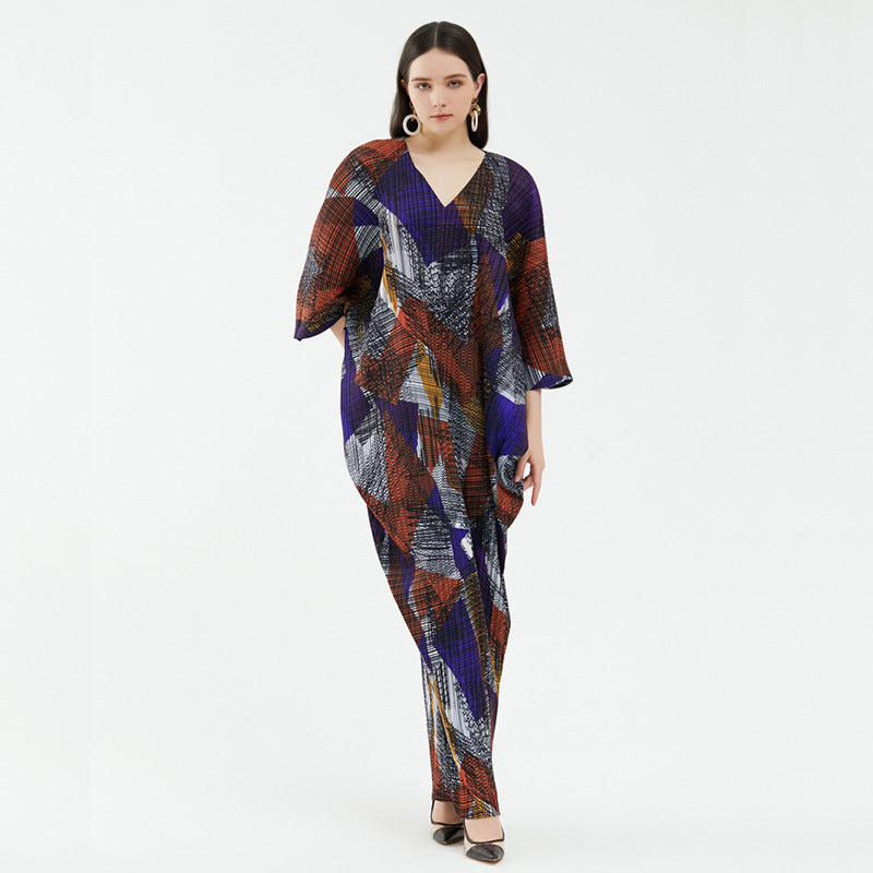 Pleated Printed Maxi Dress – Elegant Long High-End Women’s Style