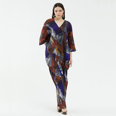 Pleated Printed Maxi Dress – Elegant Long High-End Women’s Style