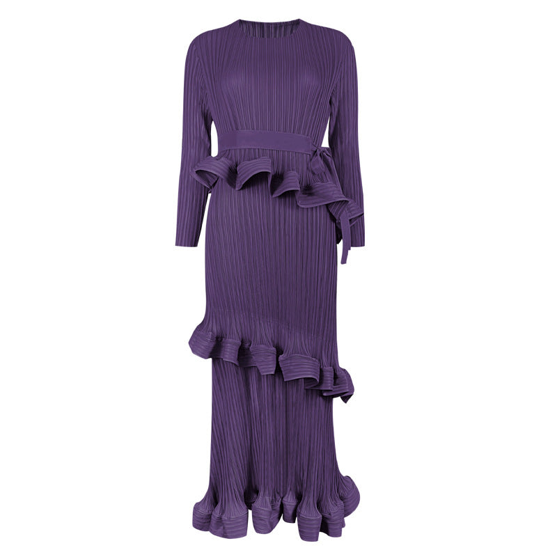Pleated Ruffled Lace-Up Midi Dress – Slim Long Sleeve Women’s Style
