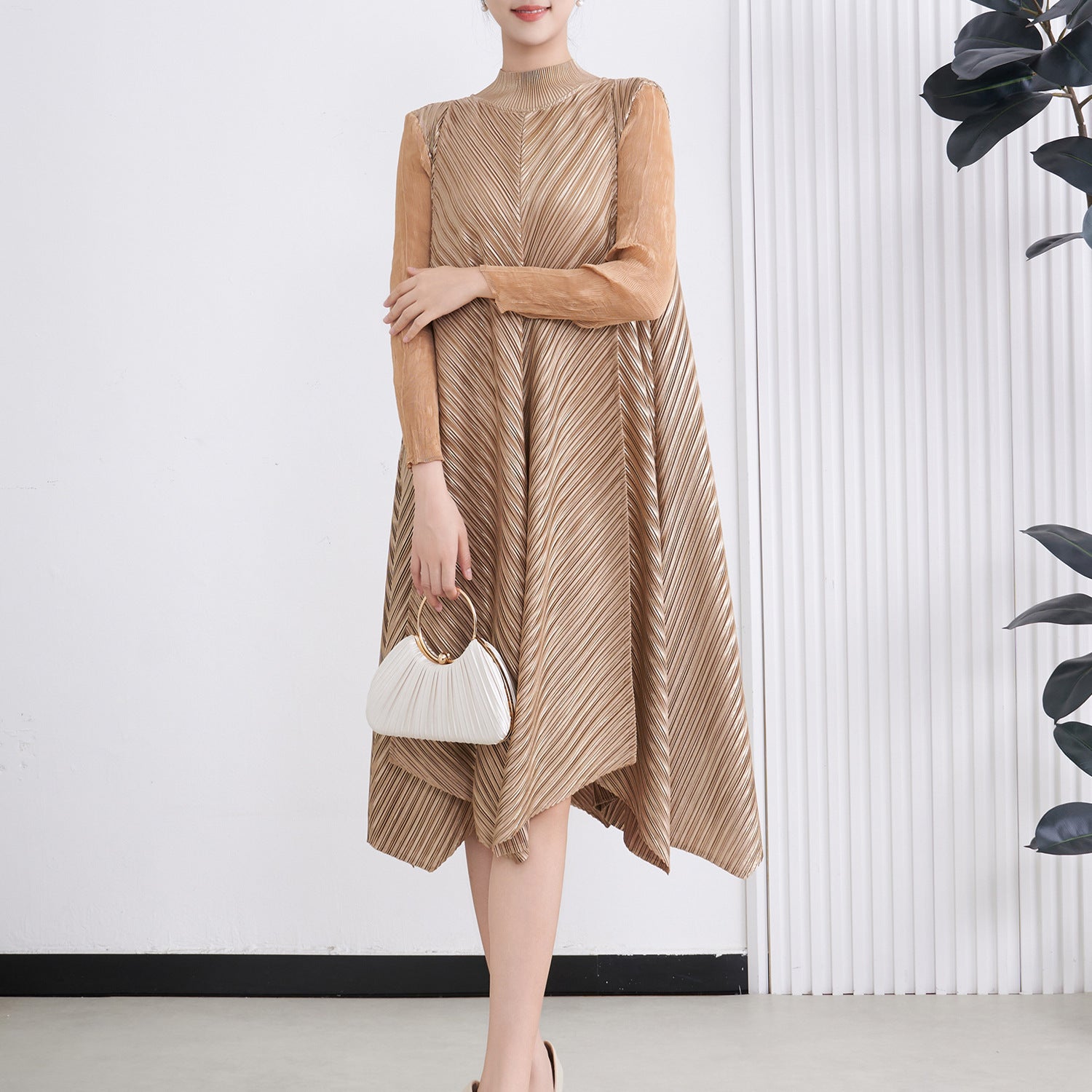 Pleated Gilded Irregular Long Dress – Elegant Evening Maxi for Women