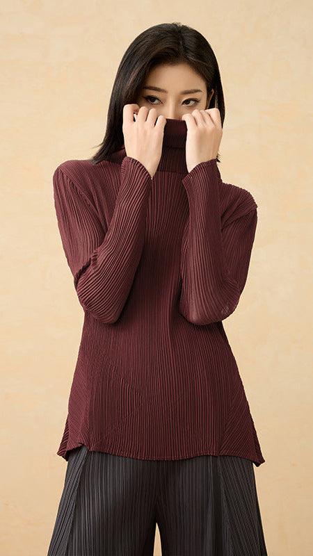 2025 Fall Winter Pleated Knit Top – Cozy High Neck, Slim Fit, Everyday Style