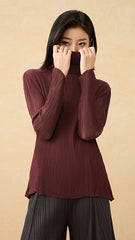 2025 Fall Winter Pleated Knit Top – Cozy High Neck, Slim Fit, Everyday Style