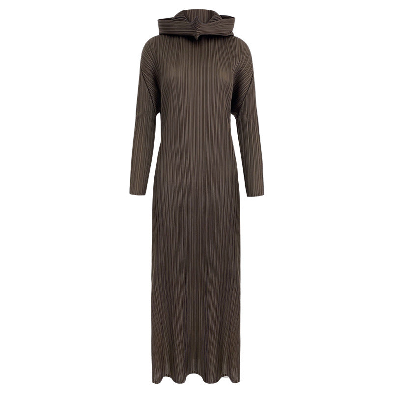 Pleated Hooded A-Line Dress – Solid Color Slim Long Sleeve Winter Style