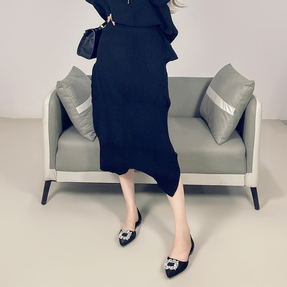 2025 Fall Winter Pleated Sweater Two-Piece Set – Semi-Turtleneck Top & Casual Skirt, Loose Fit Style for Women