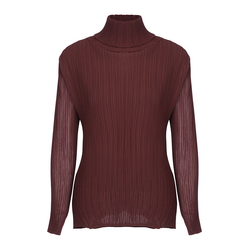 2025 Fall Winter Pleated Knit Top – Cozy High Neck, Slim Fit, Everyday Style
