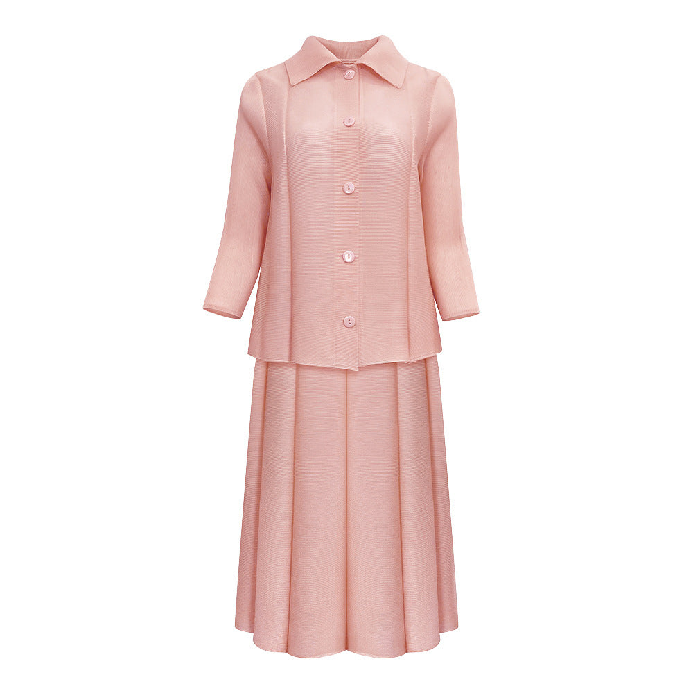 Pleated Two-Piece Set – Buttoned Cardigan Top and Puffy Skirt