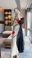 Women’s Pleated Midi Dress – French Print Elegant Slimming Style