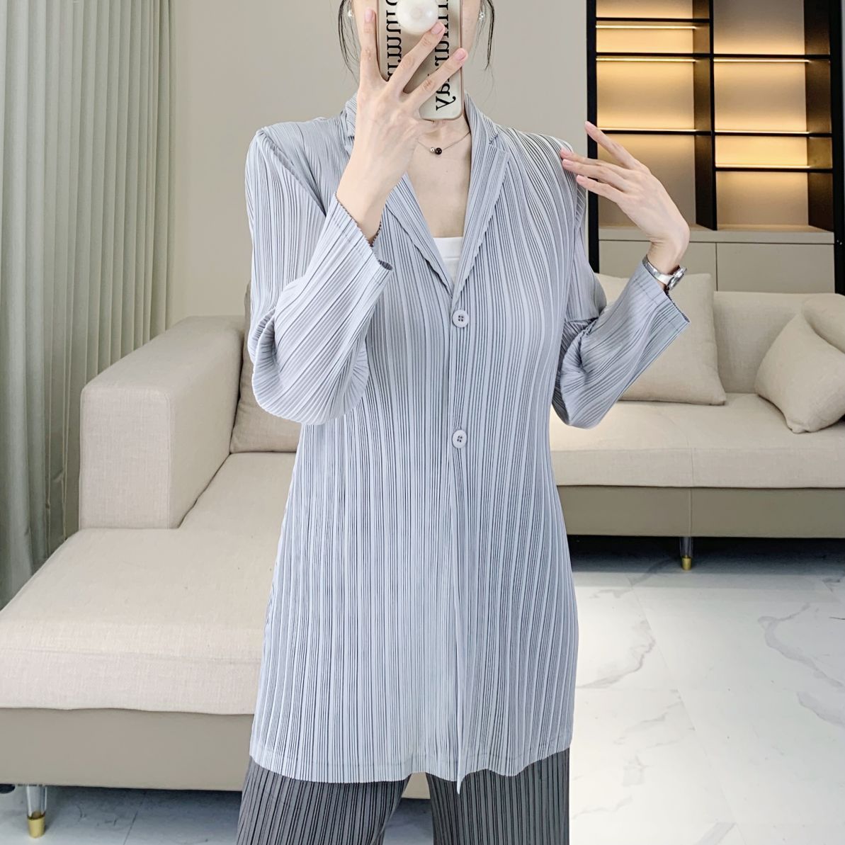 Miyake pleated striped casual suit top women's autumn new fashion temperament commuting loose long sleeve jacket cardigan