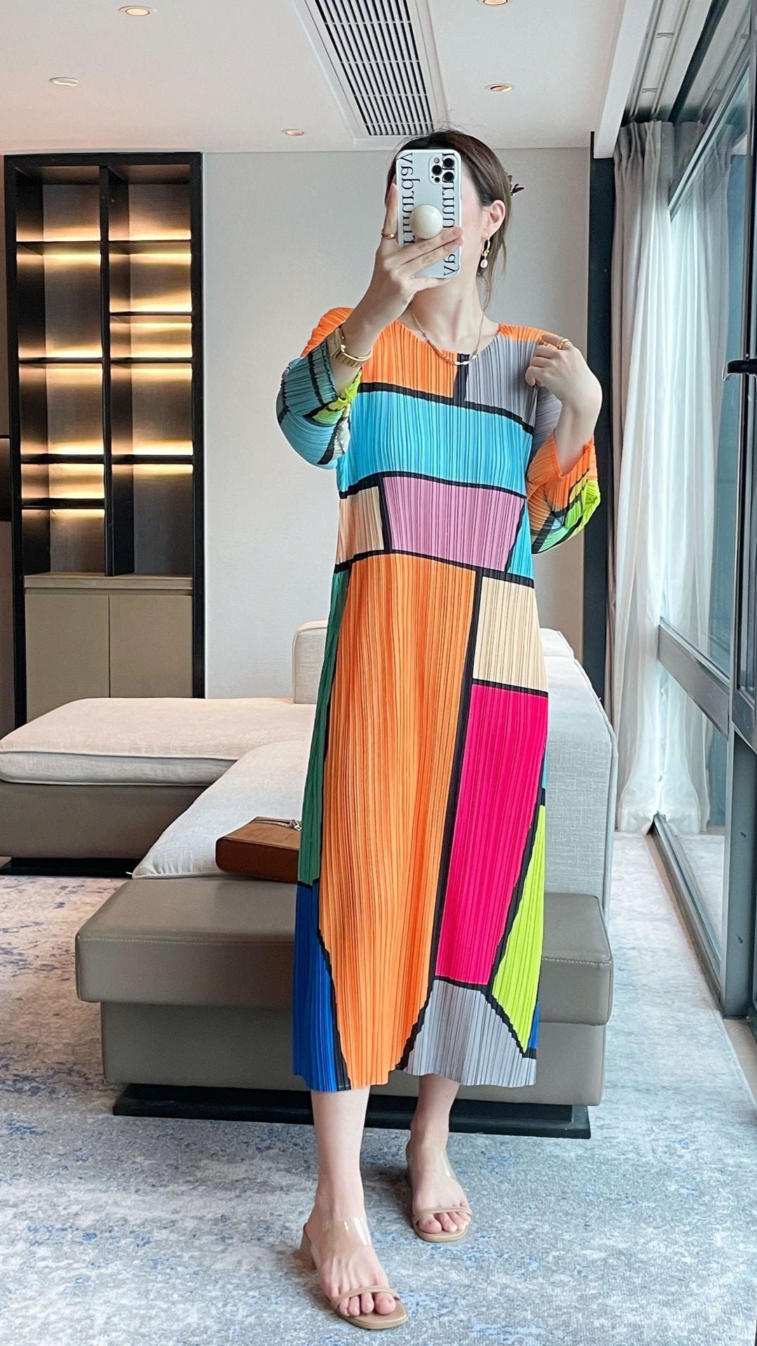 Women’s Spring Pleated Maxi Dress – High-End Plaid Print Slim Fit Crew Neck Style