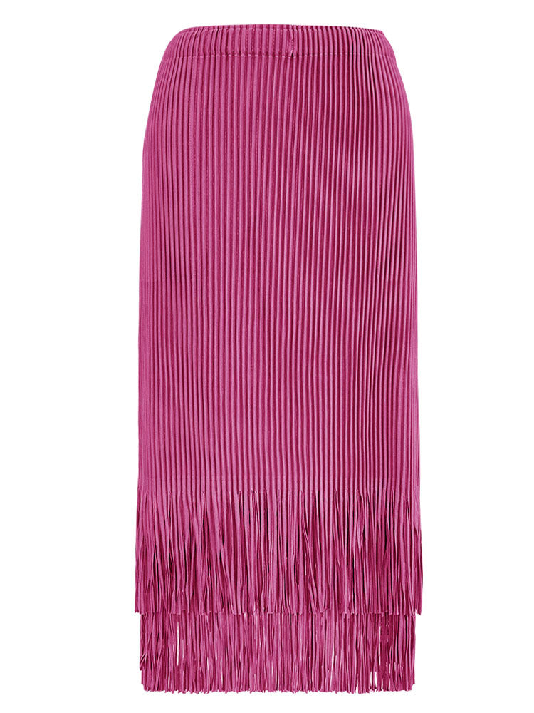 Pleated Two-Piece Set – Suit Collar Jacket and Fringe Skirt