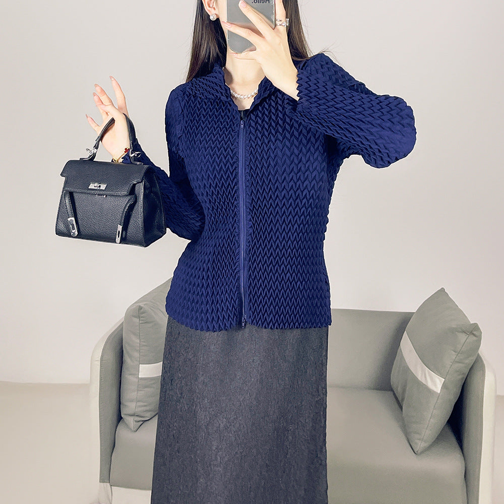 2025 Fall Winter High-End Pleated Wavy Jacket – Solid Color Lapel, Long Sleeve Zipper Cardigan for Women