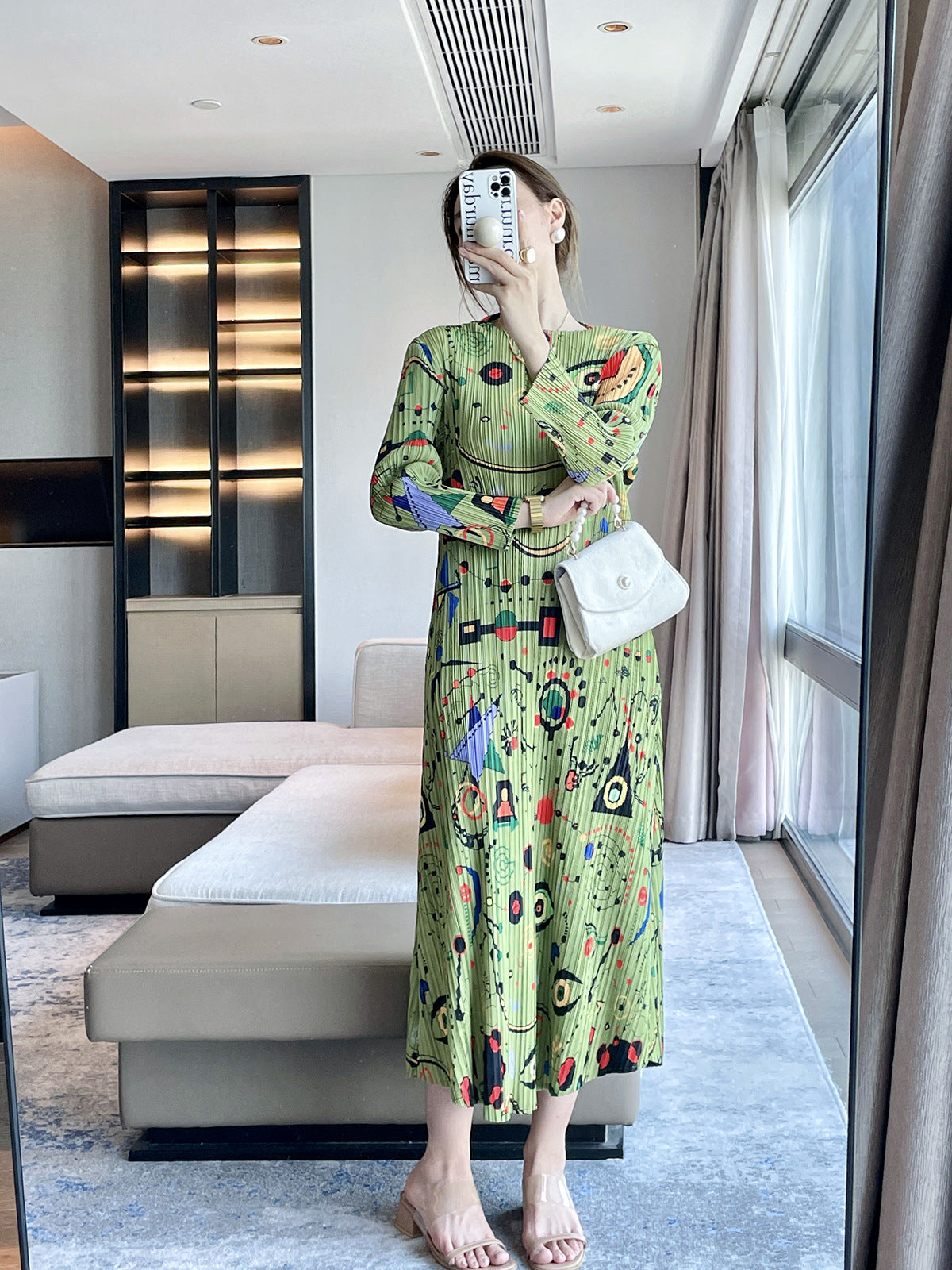 Women’s Autumn Pleated Maxi Dress – Printed Long-Sleeve Elegant Slim Fit Style