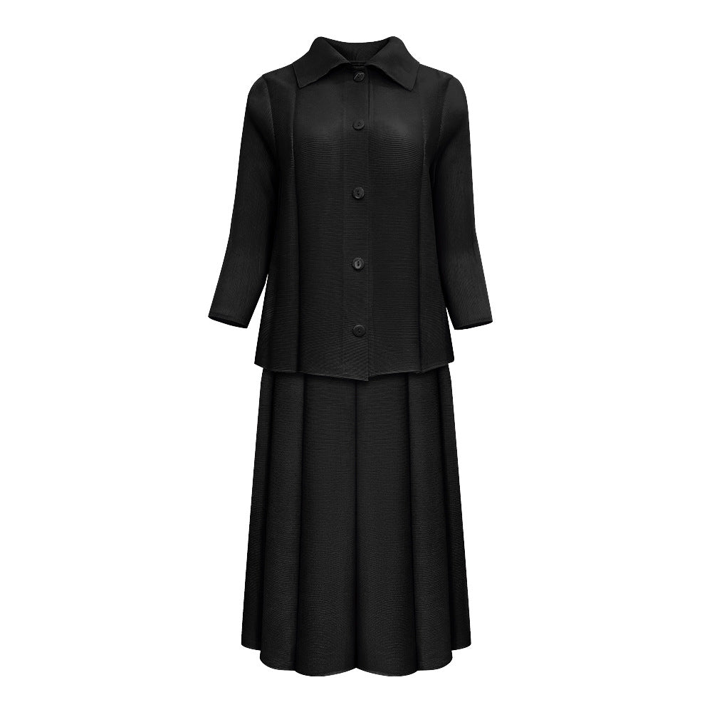 Pleated Two-Piece Set – Buttoned Cardigan Top and Puffy Skirt