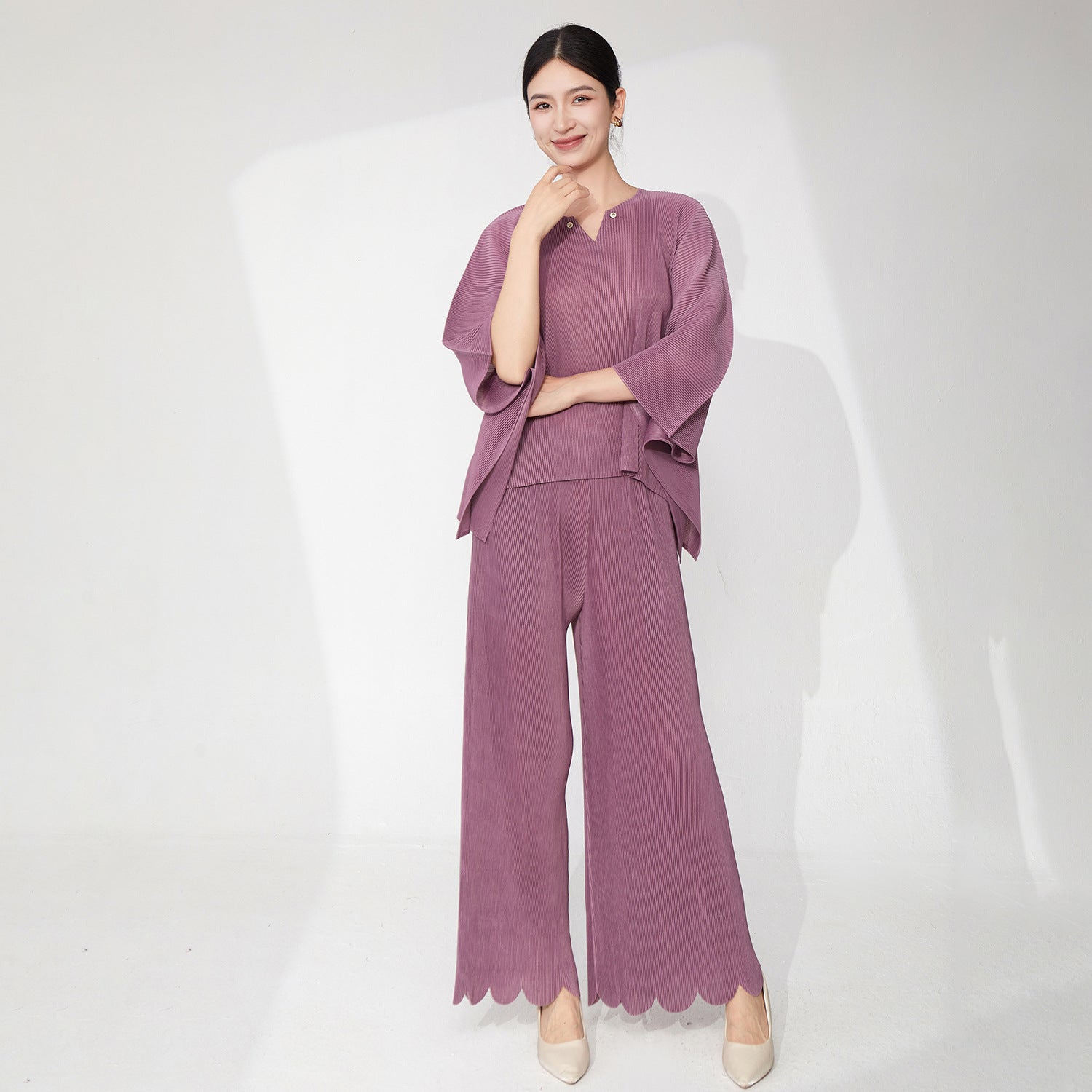 Pleats Please Plus-Size Summer Two-Piece Set – Irregular Top & Straight Pants