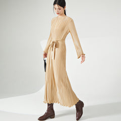 Pleats Please Long-Sleeve Maxi Dress – Pleated Lace-Up Waist Casual Style