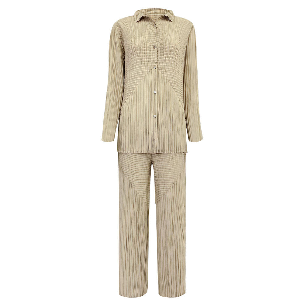 Pleated Solid Color Shirt and Straight Pants Set – Chic Two-Piece Outfit