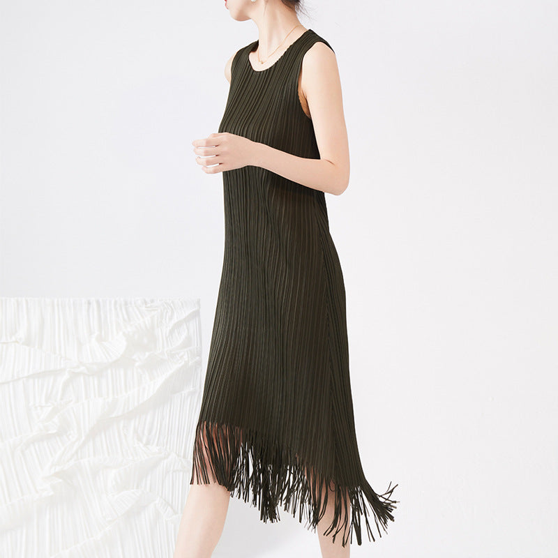PleatsArt Sleeveless Pleated Fringe Dress – Elegant Summer Versatile Long Skirt
