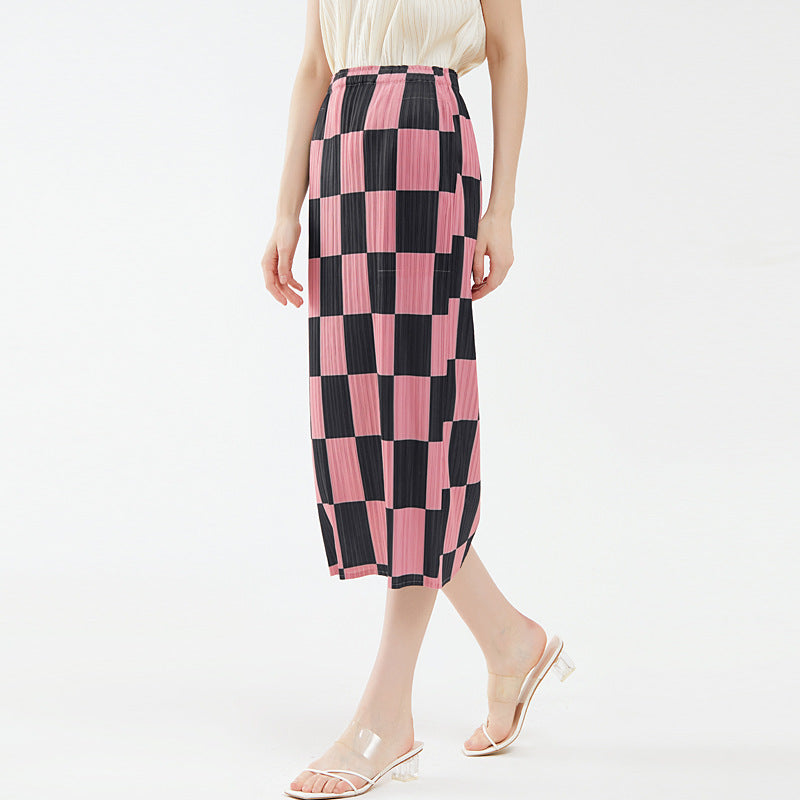 Pleated Checkerboard A-Line Skirt – Slim Hip Elegant Women’s Style
