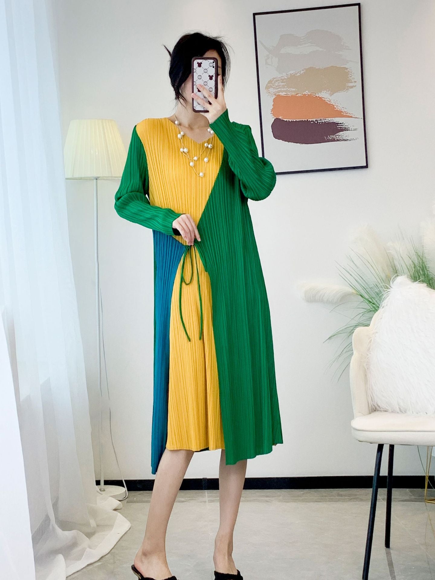 Women’s Spring Pleated Midi Dress – French Splicing Design, Feminine Slim Fit Style