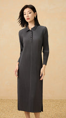2025 Fall Pleated Midi Dress – Long Sleeve Polo Neck, Elegant Drape, Everyday Chic