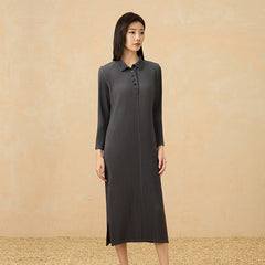2025 Fall Pleated Midi Dress – Long Sleeve Polo Neck, Elegant Drape, Everyday Chic