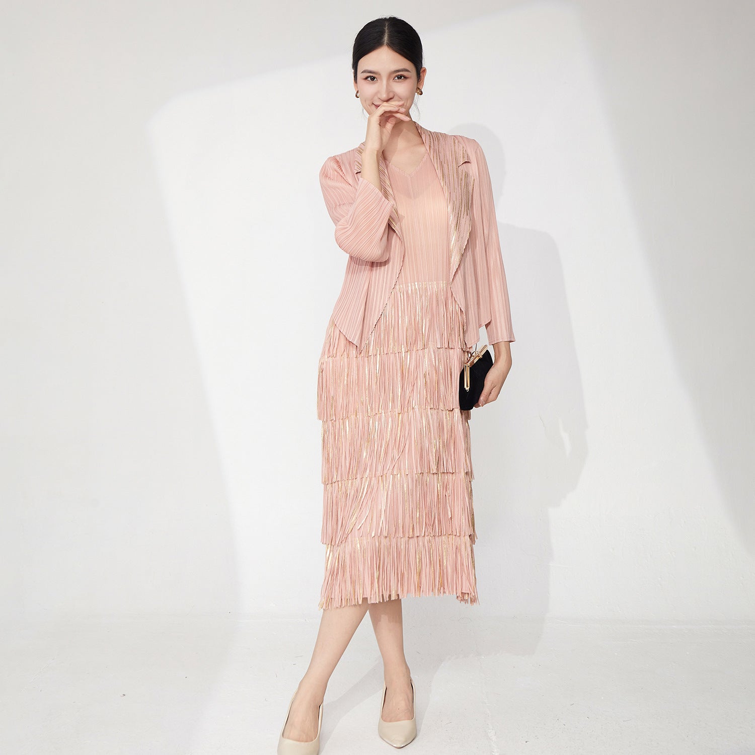 Pleats Please Two-Piece Set – Bronzed Blazer & Fringed Pleated Dress