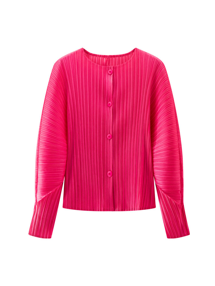Women’s Spring Pleated Cardigan – Solid Color Round Neck Short Jacket