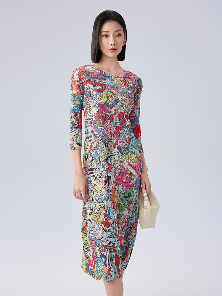 Women’s Summer Pleated Maxi Dress – Graffiti Print Loose Slimming Style