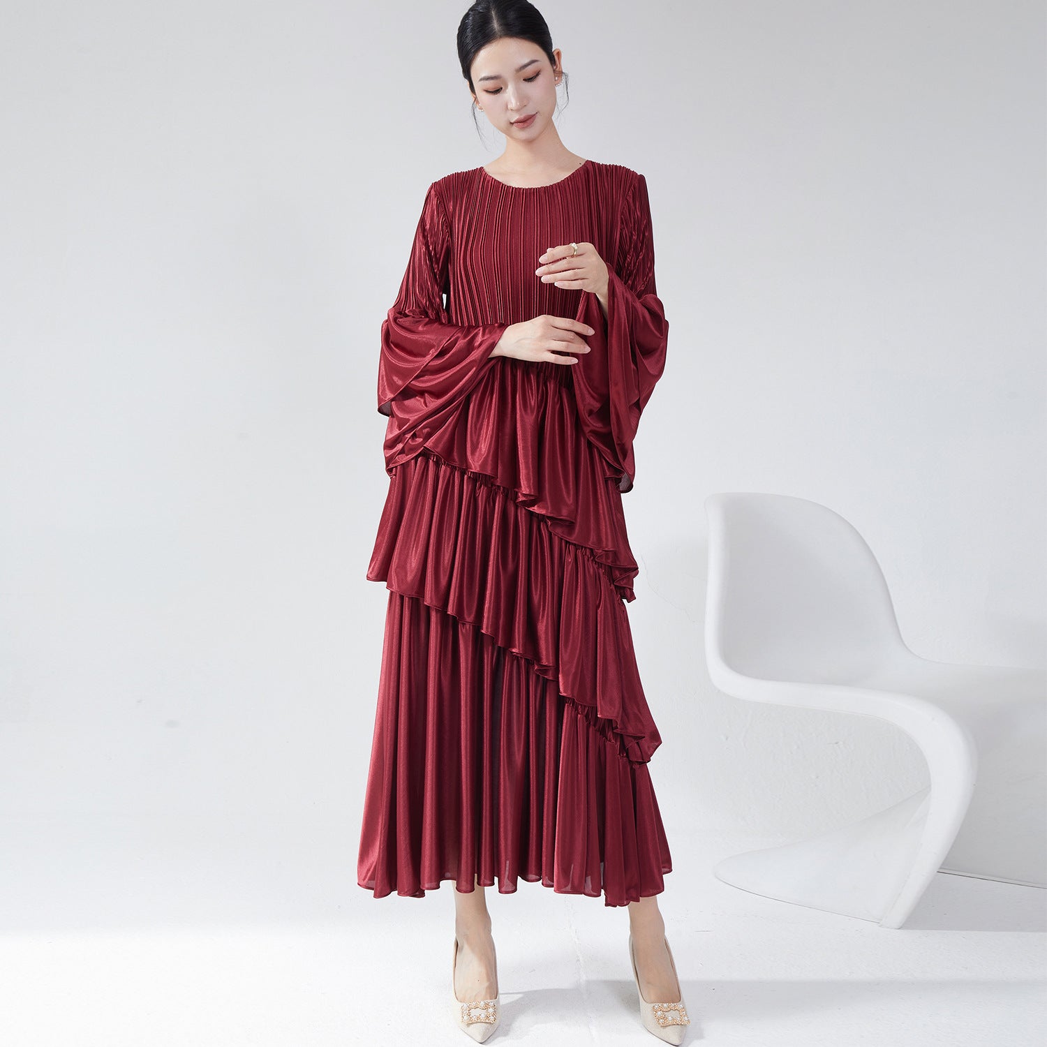 Pleats Please Flared Sleeve Cake Dress – Elegant Layered Pleated Midi for Spring & Summer