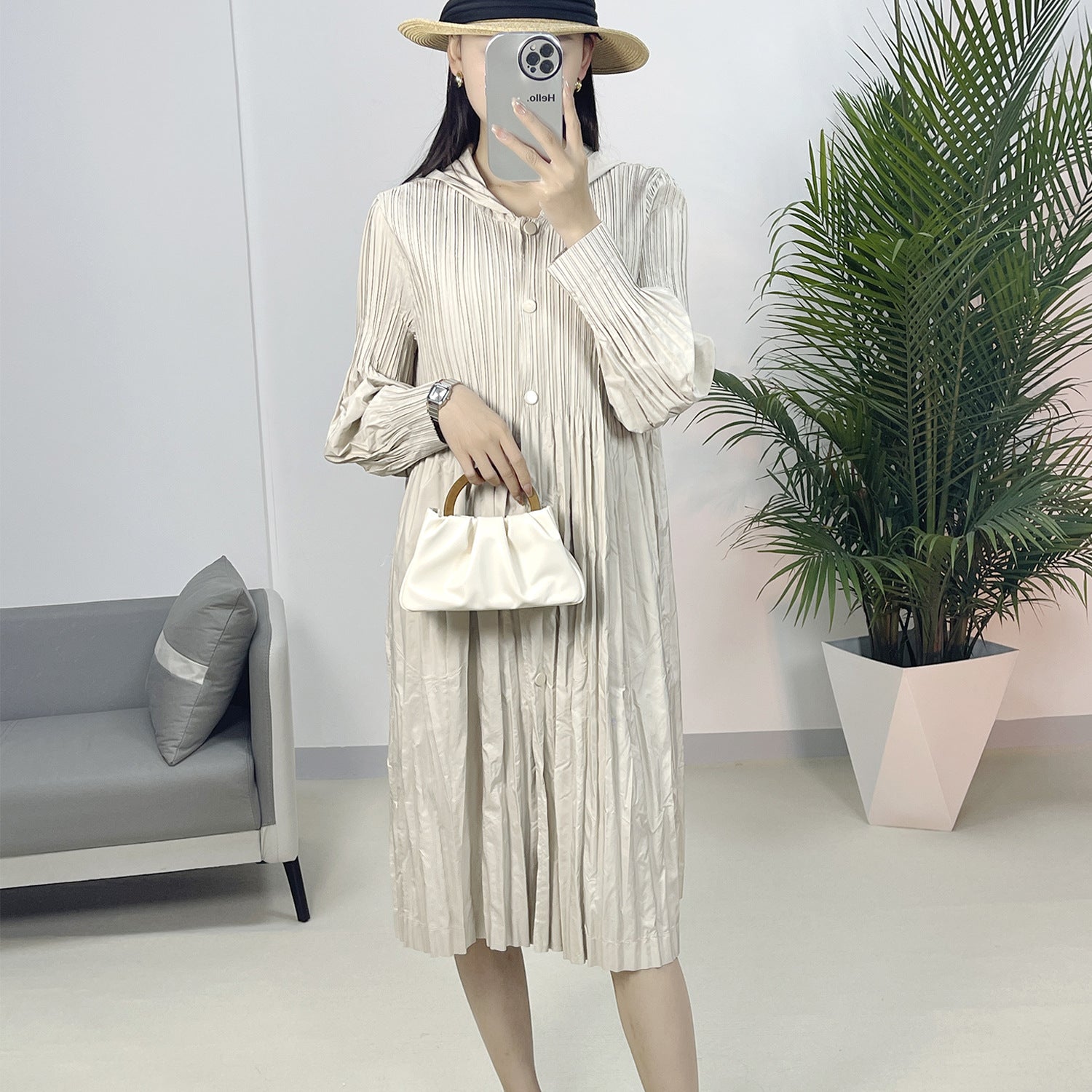 2025 Fall Winter Pleated Hooded Trench Coat – Lightweight Long Jacket, Loose Casual Style for Women