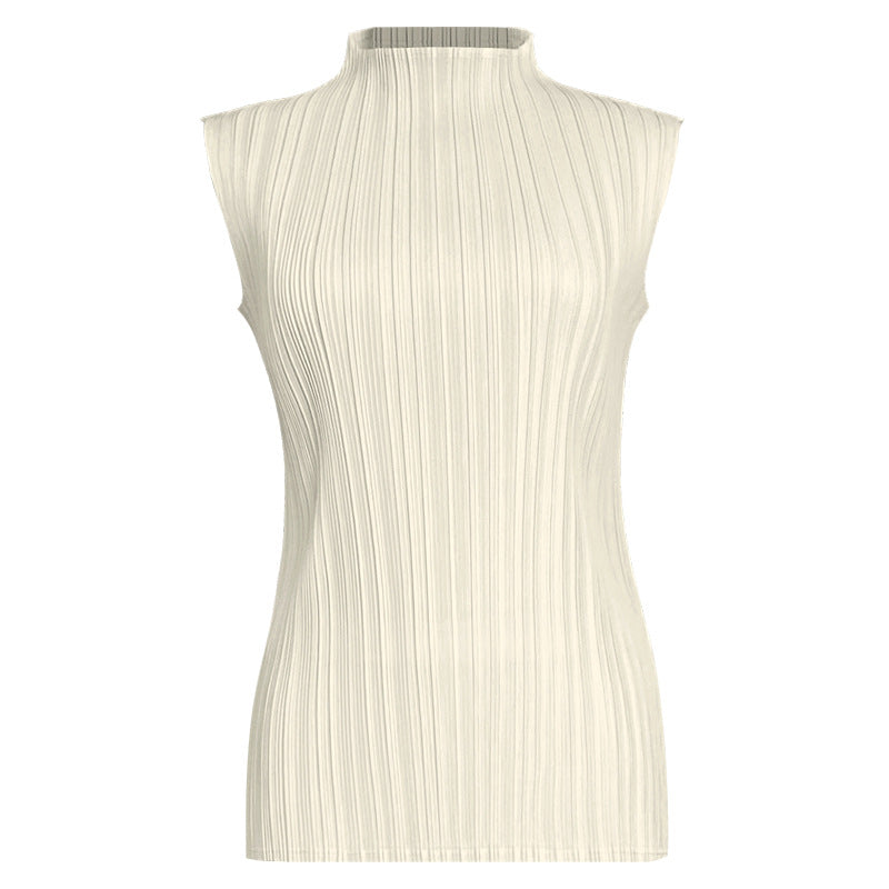 Pleats Summer Slim Sleeveless High-Neck Pleated Vest – Elegant Basic Top